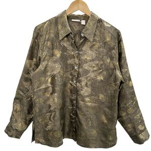 Chico’s Abstract Metallic Button Down Shirt Long Sleeve Artsy Gallery Style L